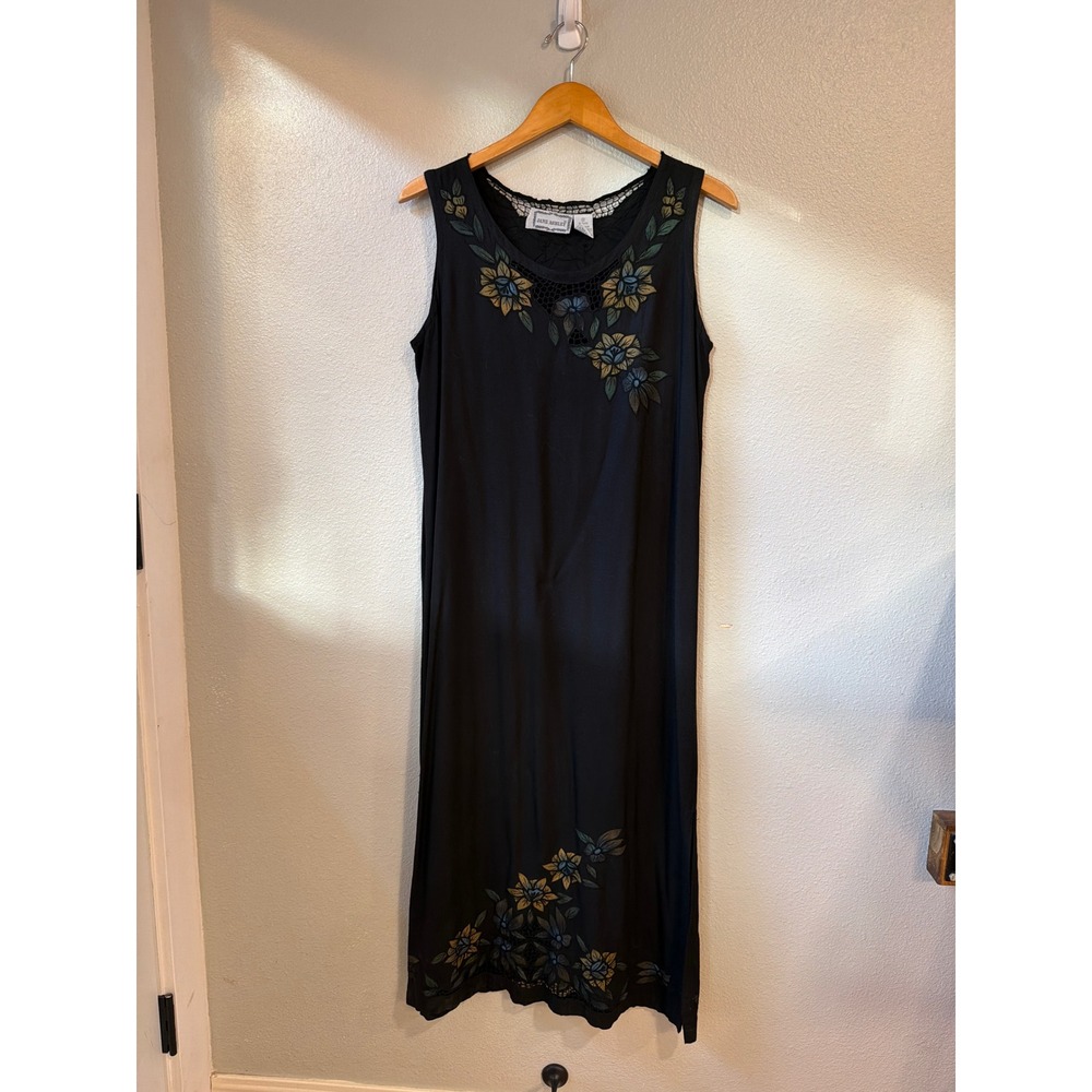Jane Ashley Floral Embroidered Dress Womens Medium Black Rayon Boho Midi Slit